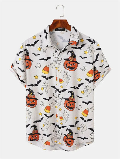 Men's Fashion Halloween Shirt Summer Cute Style Men's Clothing Party Holiday Men Top Pumpkin Head Print Boys' Short Sleeve Shirt Good Vibrations