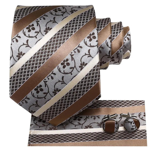 Hi-Tie Champagne Gold Striped Paisley Solid Men Silk Wedding Tie Fashion Design Necktie For Men Hanky Cufflink Business Party Good Vibrations