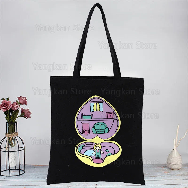 Kawaii Polly Pocket Shopping Bag Women Canvas Tote Bags Printing Eco Bag Cartoon Shopper Shoulder Bags Black Good Vibrations