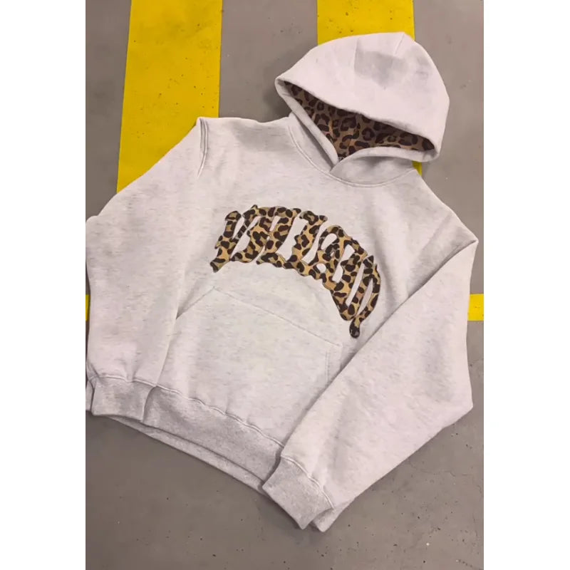 2025 European and American New Trendy High Street Leopard Print Loose Hooded Sweatshirt Casual Stacking Sweatpants Good Vibrations