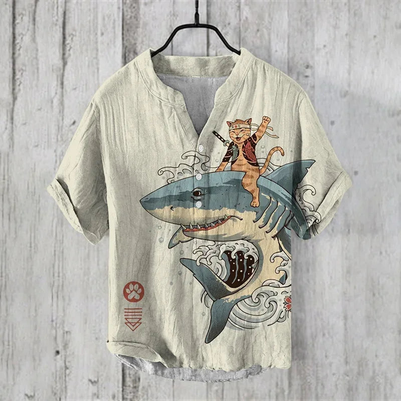 Henry Men's Casual Fashion Outdoor Seaside Men's Tops Shirt V-Neck Linen Shirt 2024 New Plus Size Good Vibrations