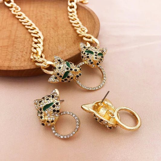 New Fashion Rhinestone Leopard Earring Necklace Jewelry Set for Women Party Punk Vintage Metal Animals Pendant Chains Necklace Good Vibrations