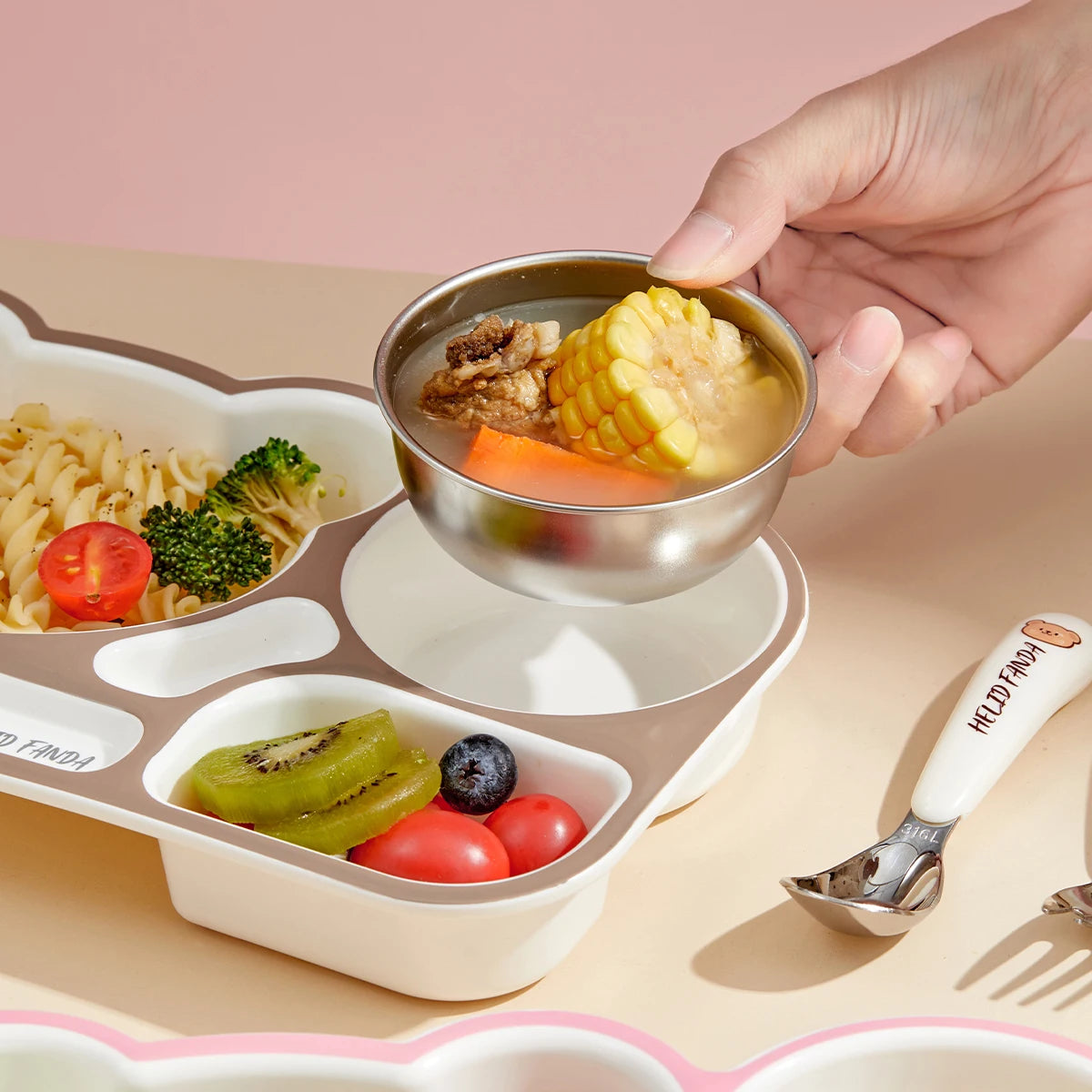 WORTHBUY Cartoon Plastic Divided Dinning Plate With Bowl Durable Bento Lunch Box For Kids Microwave Heatable Reusable Food Plate Good Vibrations