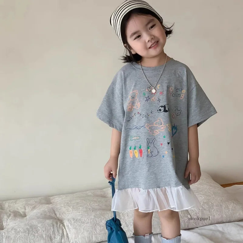 2024 Summer New Girls Short Sleeve Casual Dress Cute Flower Print Children Long T Shirts Loose Kids Princess Dress Girls Clothes Good Vibrations