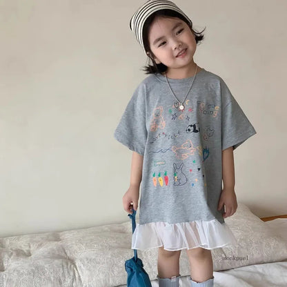 2024 Summer New Girls Short Sleeve Casual Dress Cute Flower Print Children Long T Shirts Loose Kids Princess Dress Girls Clothes Good Vibrations