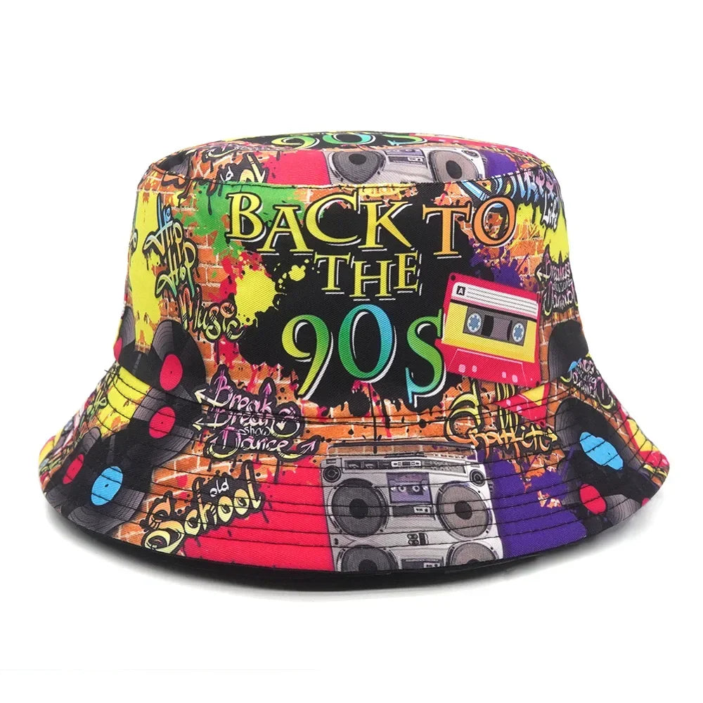 Women Bucket Hat Fashion Design Print 90's Panama Hats Female Vintage Fisherman Unisex Sun Cap Dropshipping Good Vibrations