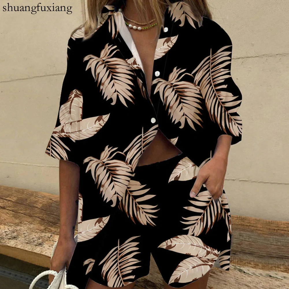 Two Piece Sets Womens Outfits Summer Casual Loose Print Two Piece Sets Fall Boho Beach Holiday Half Sleeve Shirt And Shorts Sets Good Vibrations