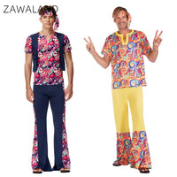 Couple Hippie Disco Costume 70S Vintage Top Pants Headband Dancer Set Carnival Fancy Outfit Indian Primitive Indigenous Clothes Good Vibrations