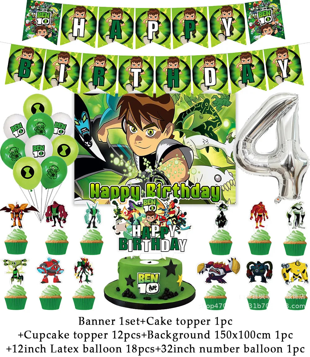 Cartoon Ben-10 Birthday Party Decoration Balloons Favor Set Banner Cake Toppers Baby Shower Boys Gift Party Supplies Photo Prop Good Vibrations