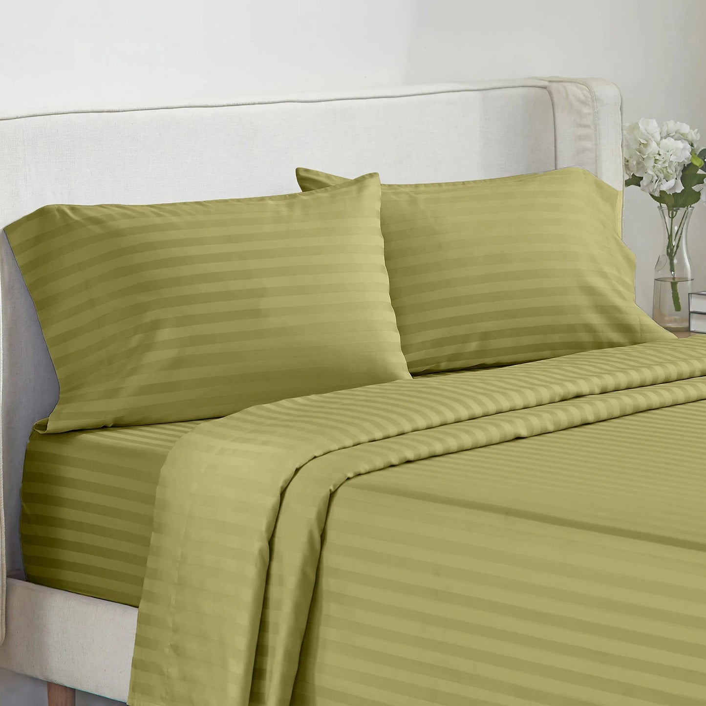 Battilo Bed Sheets 4 Pieces Set Luxury Fitted Flat Sheet with Pillowcases Solid Stripe Bedding Set For Twin Full Queen King Size Good Vibrations