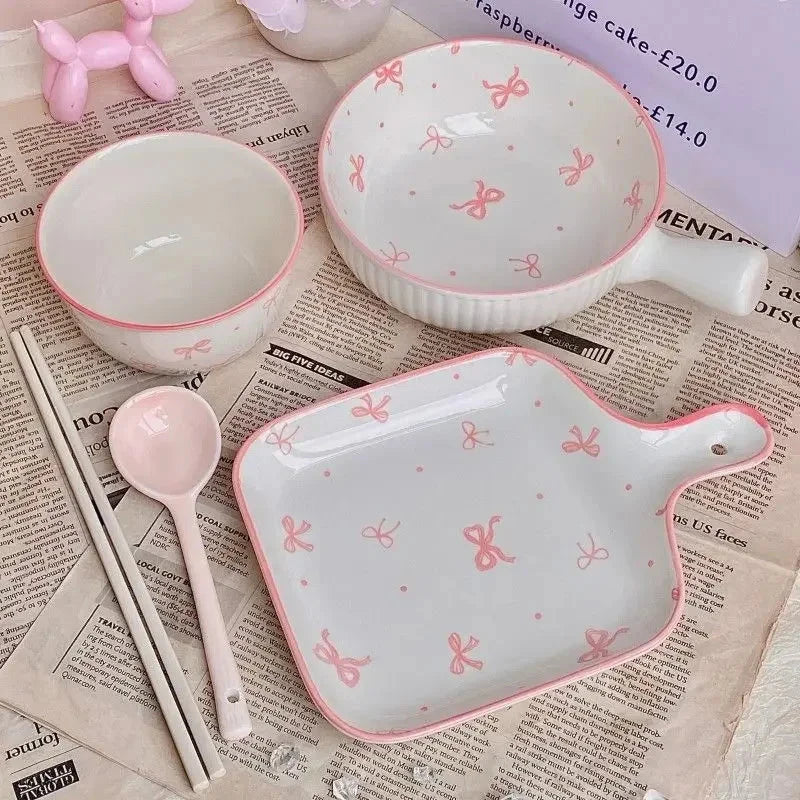 Pink Bow Ceramic Cutlery Set, Dessert Home Tableware Ceramic Handle Bowl Yogurt Cup High Value Breakfast Plate Drinkware Good Vibrations
