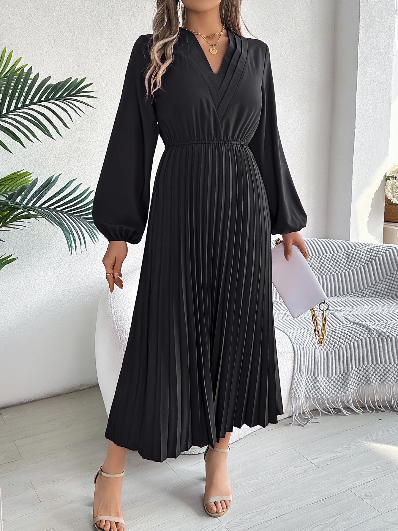 Elegant Dresses for Woman 2025 Autumn Winter Solid Color V Neck High Waist Pleated Maxi Dress Red Black Green Good Vibrations