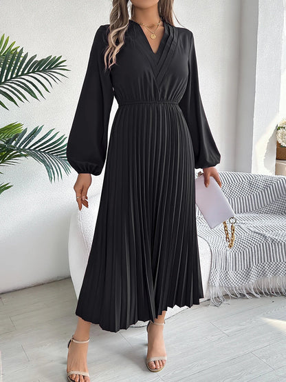 Elegant Dresses for Woman 2025 Autumn Winter Solid Color V Neck High Waist Pleated Maxi Dress Red Black Green Good Vibrations