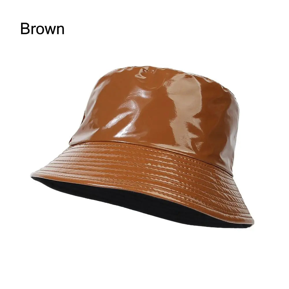 Faux Leather Bucket Hat Women Reversible PU Leather Sun Hat Fashion Autumn Waterproof Fisherman Hat Reversible Sun Bucket Hat Good Vibrations
