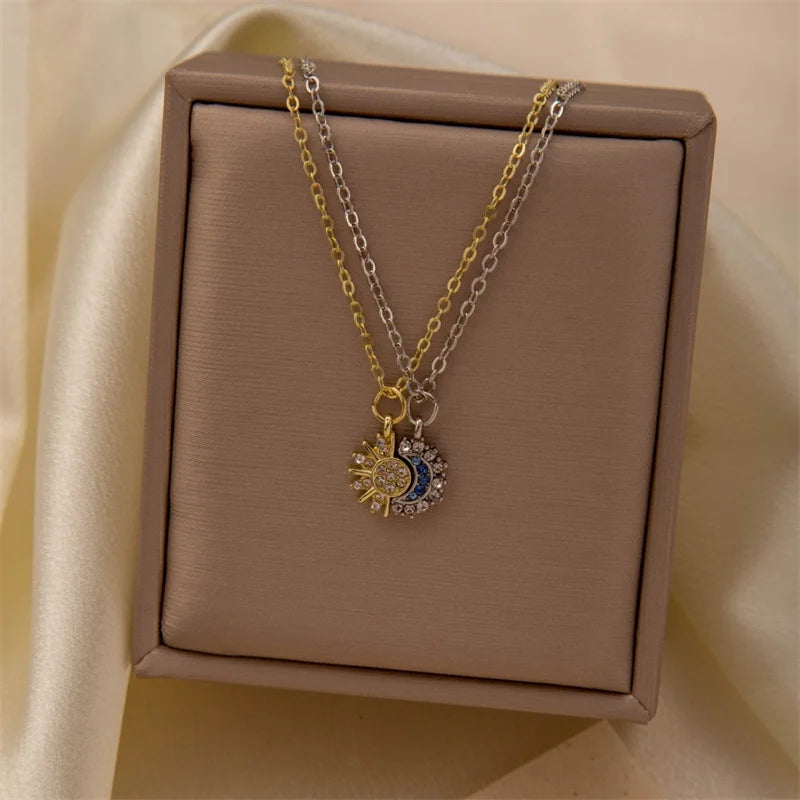 New Stainless Steel Magnetic Sun Moon Couple Necklace Fashion Chain for Men and Women Good Friend Gifts Trend Jewelry Good Vibrations