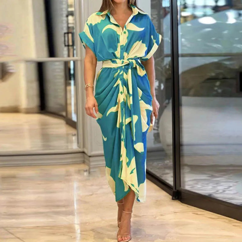 Elegant Dresses For Lady Vestidos 2026 Woman Dress Vestido Commuting Temperament Printed Irregular Leace-up Lapel Slim Contrast Good Vibrations
