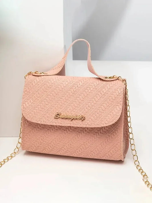 Pink embossing chain square bag in PU leather with large capacity and shoulder crossbody design for women