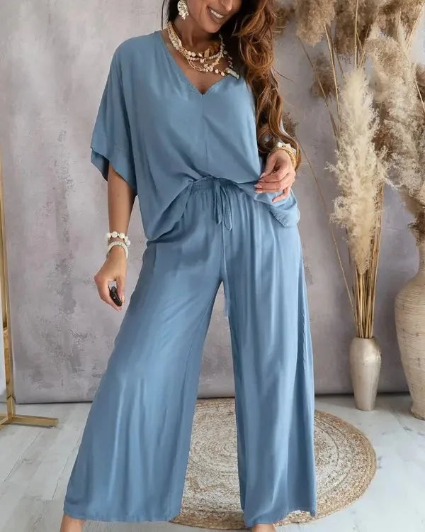 Summer White Two Piece Set For Women V Neck Bat Sleeve Top Casual Loose Lace Up Wide-leg Pants 2 Piece Suit Home Outfits Women's Good Vibrations