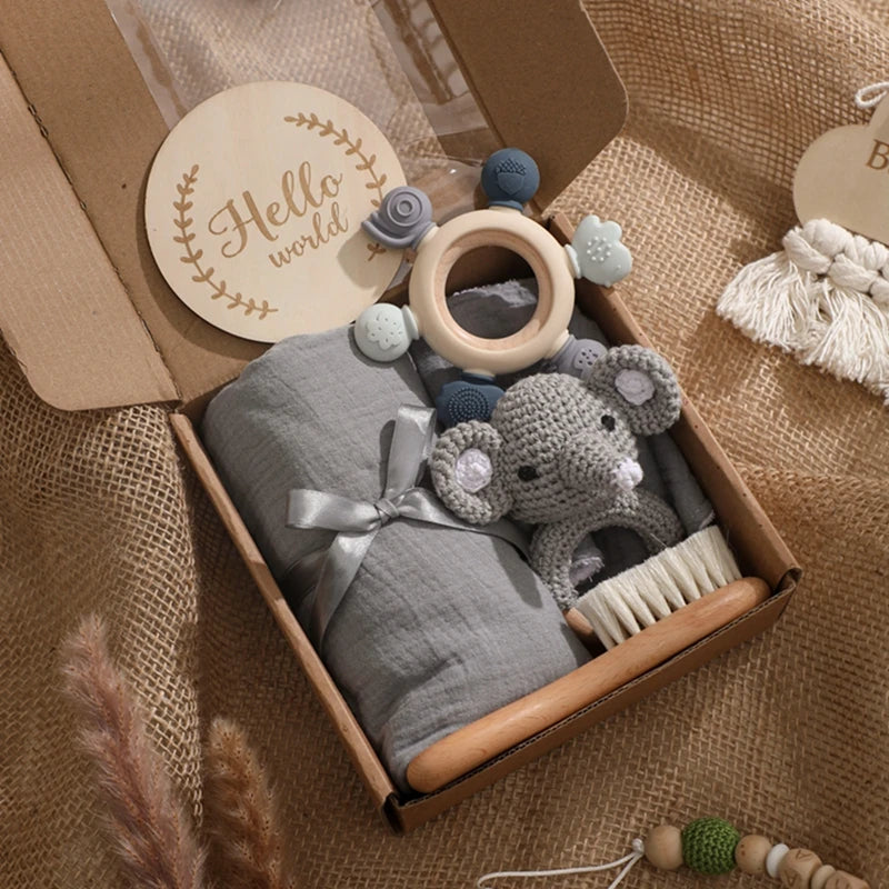 1Set Baby Bath Toy Set Food Grade Silicone Teether Toys Wooden Ring Crochet Rattle Milestones Card Bath Brush For Newborn Gift Good Vibrations