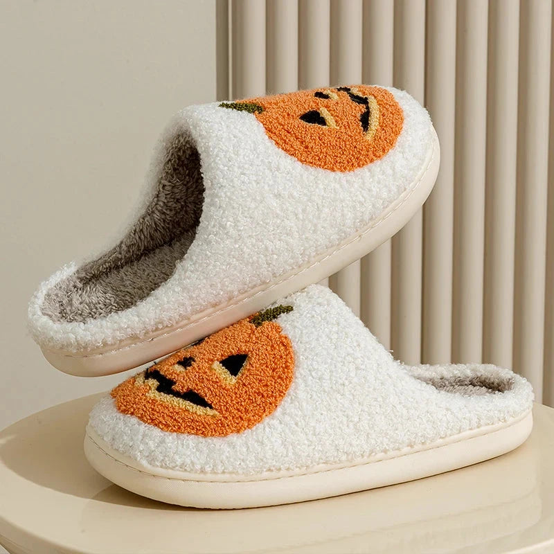 Smile Pumpkin Halloween Women's Slippers Winter Indoor Cartoon Comfort Home Bedroom Soft Causal Flat Plush Shoes for Gift Good Vibrations