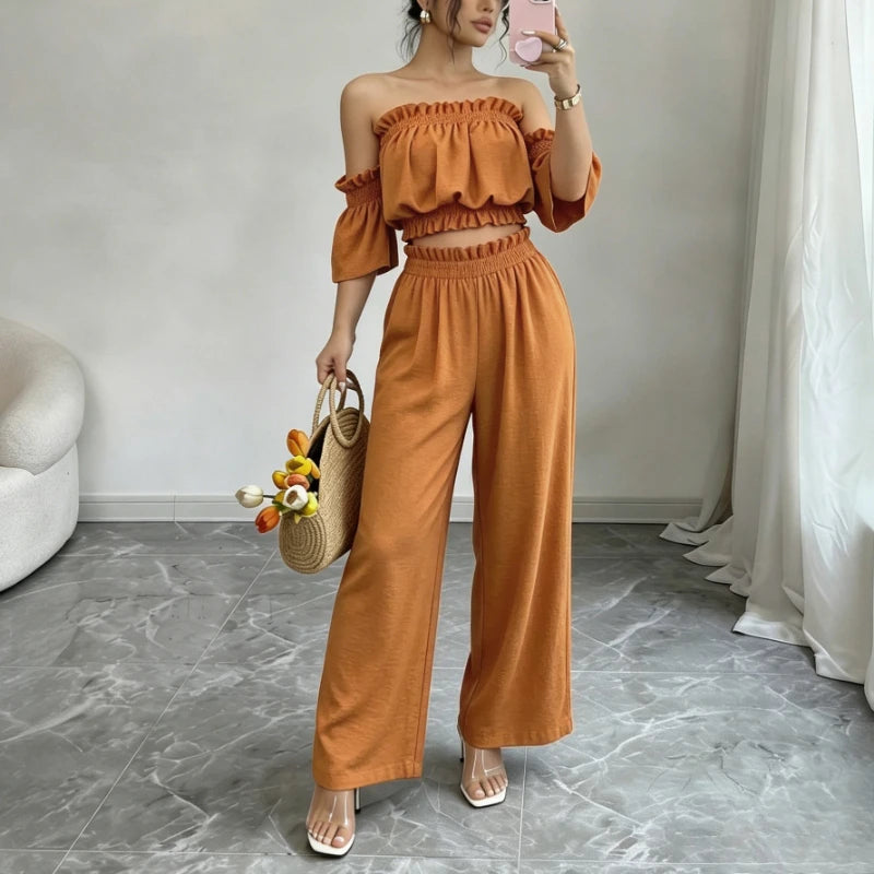 Women's 2 Piece Outfit Off Shoulder Ruffle Crop Top and Wide Leg Pants Set Casual Summer Vacation Party Loungewear Tracksuit Good Vibrations