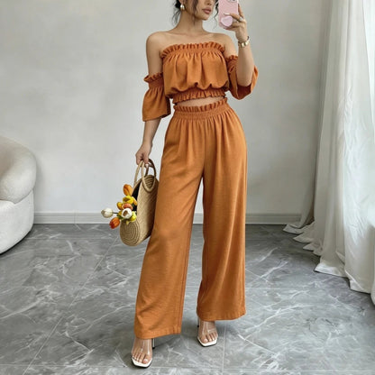 Women's 2 Piece Outfit Off Shoulder Ruffle Crop Top and Wide Leg Pants Set Casual Summer Vacation Party Loungewear Tracksuit Good Vibrations