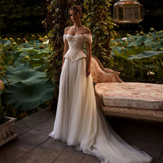 Sharon Said High Quality Boho Tulle Off White Wedding Dress 2026 Puff Sleeve Sweep Train Princess Bride Gowns SW126 Customized Good Vibrations