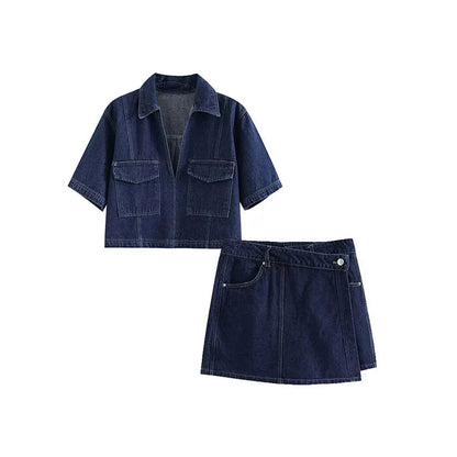 2025 Women's Fashion Flip Pocket Decoration Short Flip Collar Slim fit denim Top + Asymmetric Denim Skirt 2 Piece Set Good Vibrations