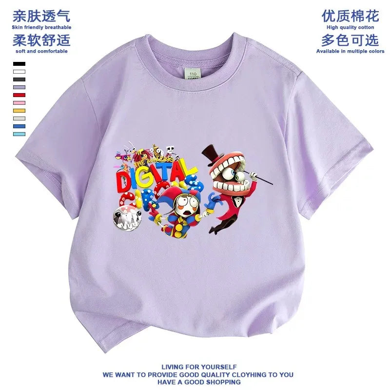 2026 Pure cotton boys and girls' short-sleeved T-shirt summer children's clothing cartoon magic digital circus children's top Good Vibrations