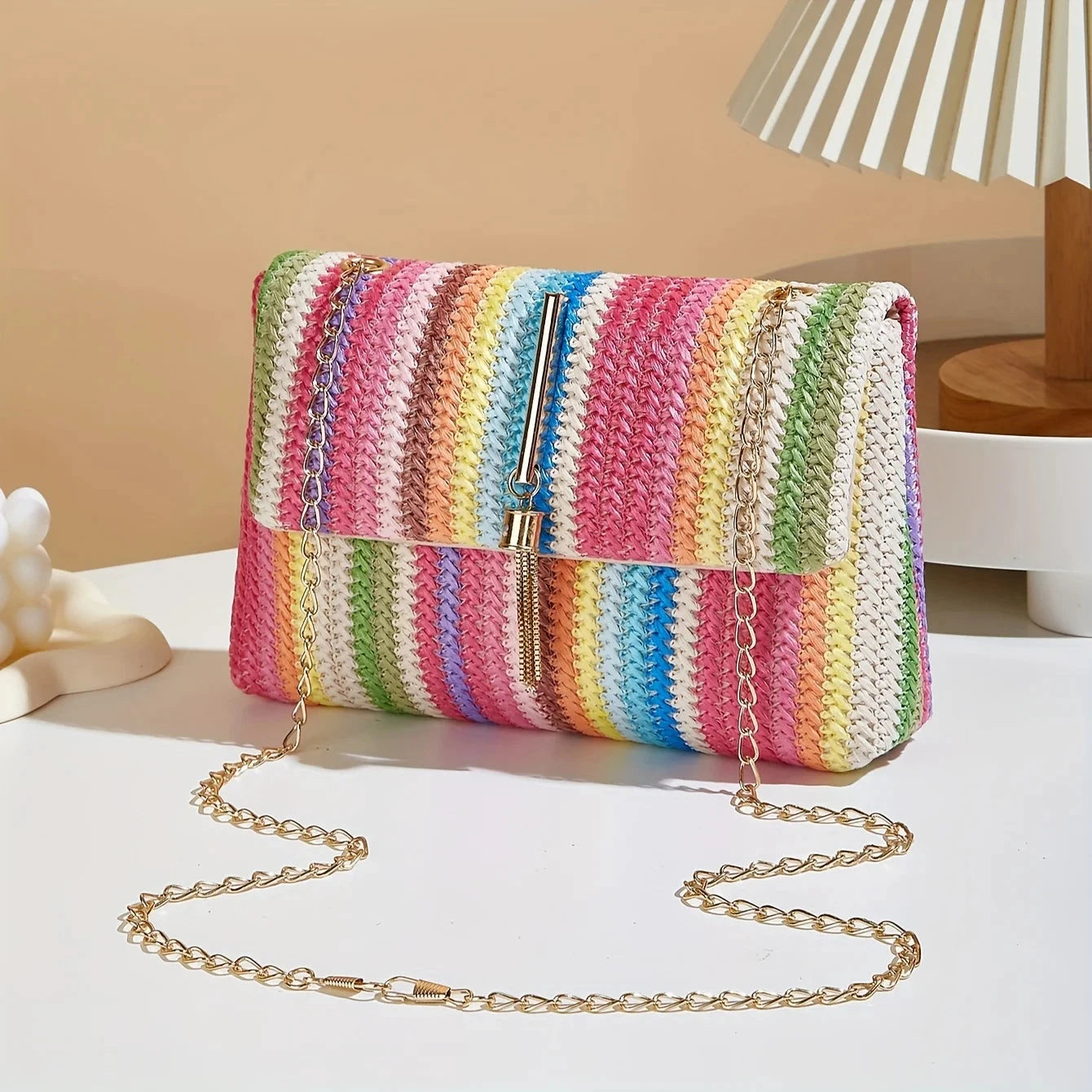 Chic Rainbow Stripe Straw Crossbody Bag for Women Adjustable Shoulder Strap Magnetic Closure Tassel Accent, Fashion Square Purse Good Vibrations
