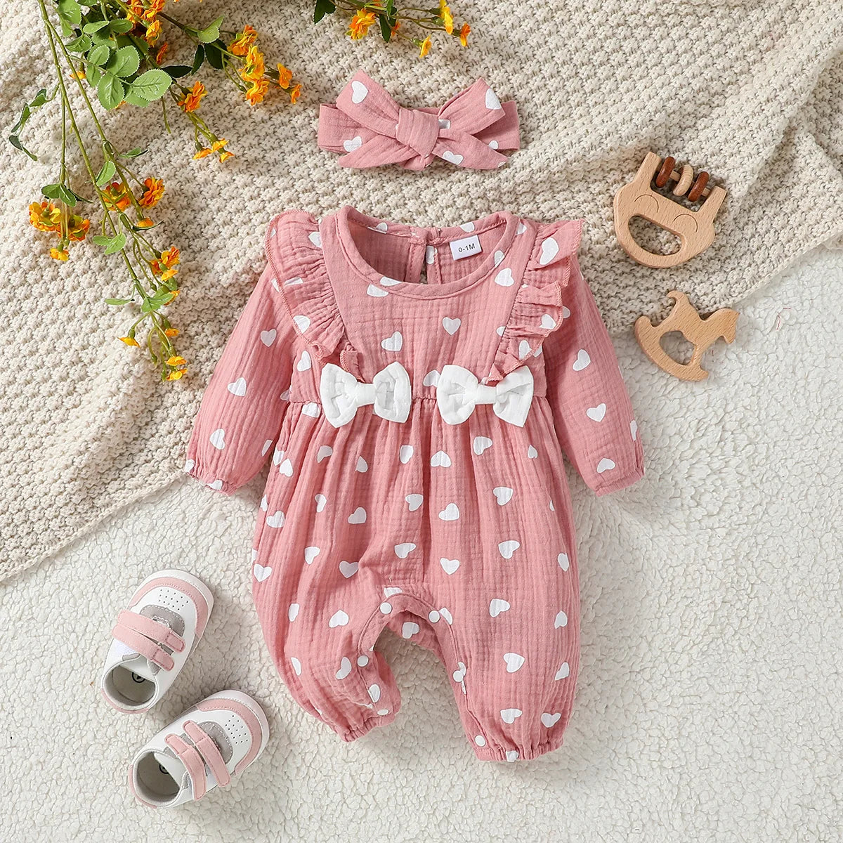 Baby Girl's All Seasons Long Sleeve Print Floral With Bow Daily Jumpsuit For Newborn-6M Clothes +Headband Good Vibrations