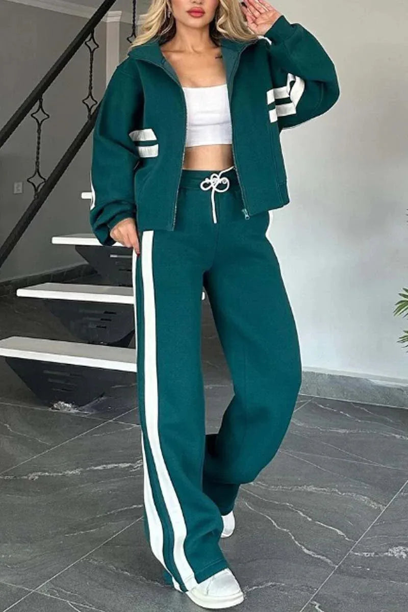 2025 Autumn Winter New Two-piece Set Women's Zipper Striped Loose Jacket Outwear And High Waist Side-striped Pants Sports Sets Good Vibrations