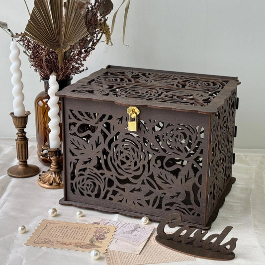 Brown rose wedding card box, wooden gift card box for reception, honeymoon fund card box for baby shower, graduation party Good Vibrations