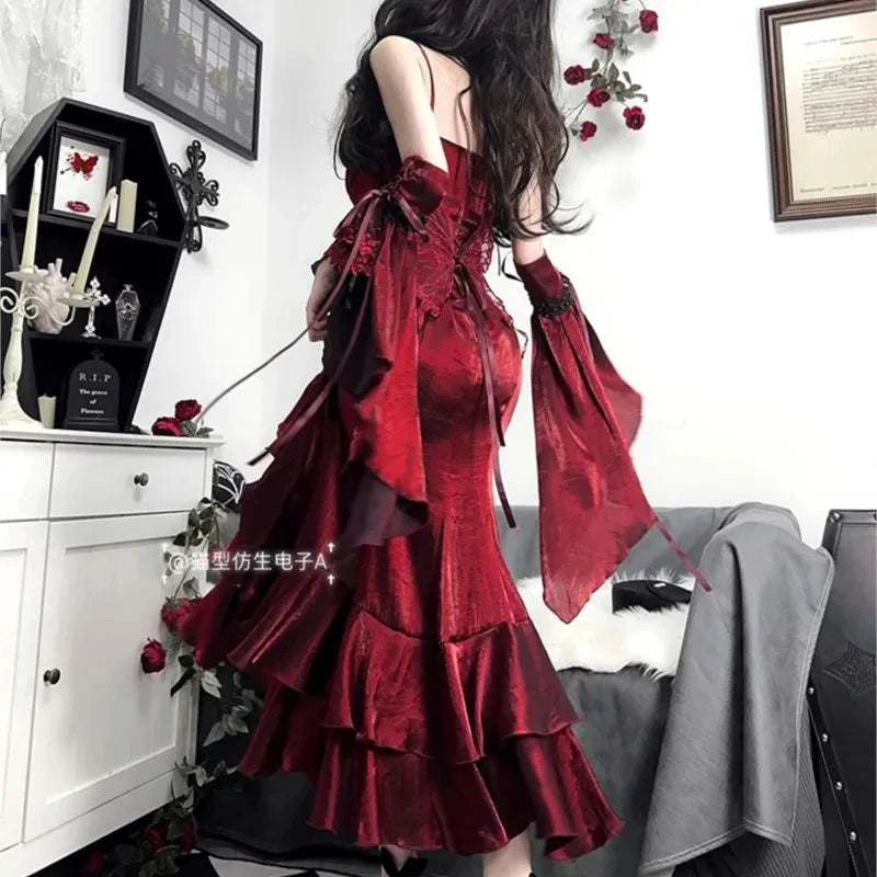 Red rose fish tail elegant royal sister dress - Stylish Fit