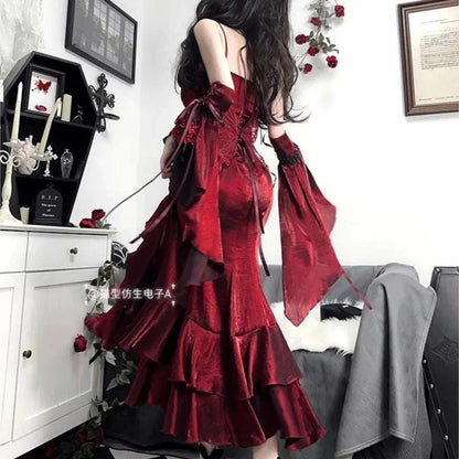 Red rose fish tail elegant royal sister dress - Stylish Fit