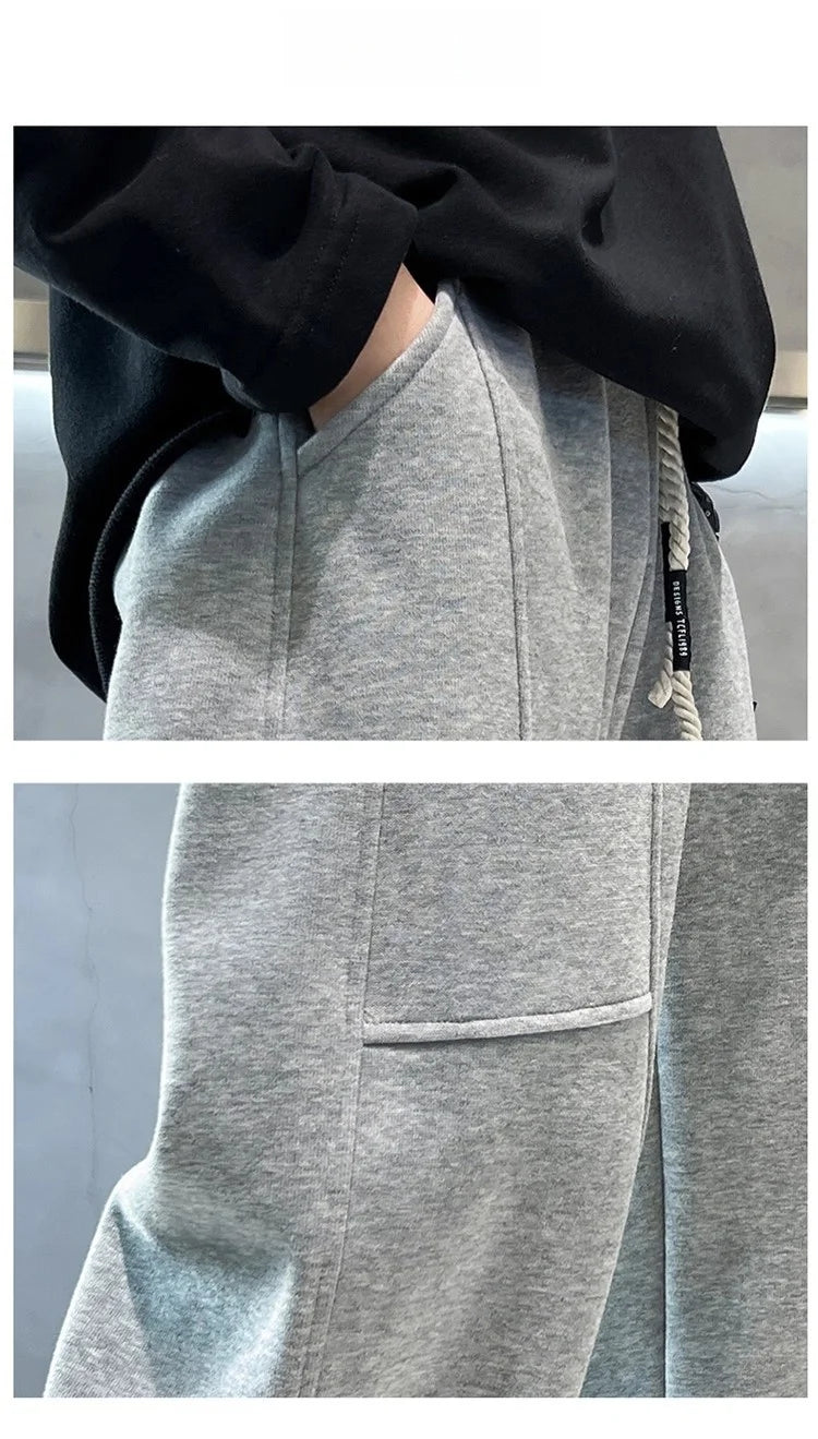 2026 New Spring Casual Kids Pants Black Elastic Waist Straight Leg Sweatpants for Boys Loose Pocket Children Trousers Good Vibrations