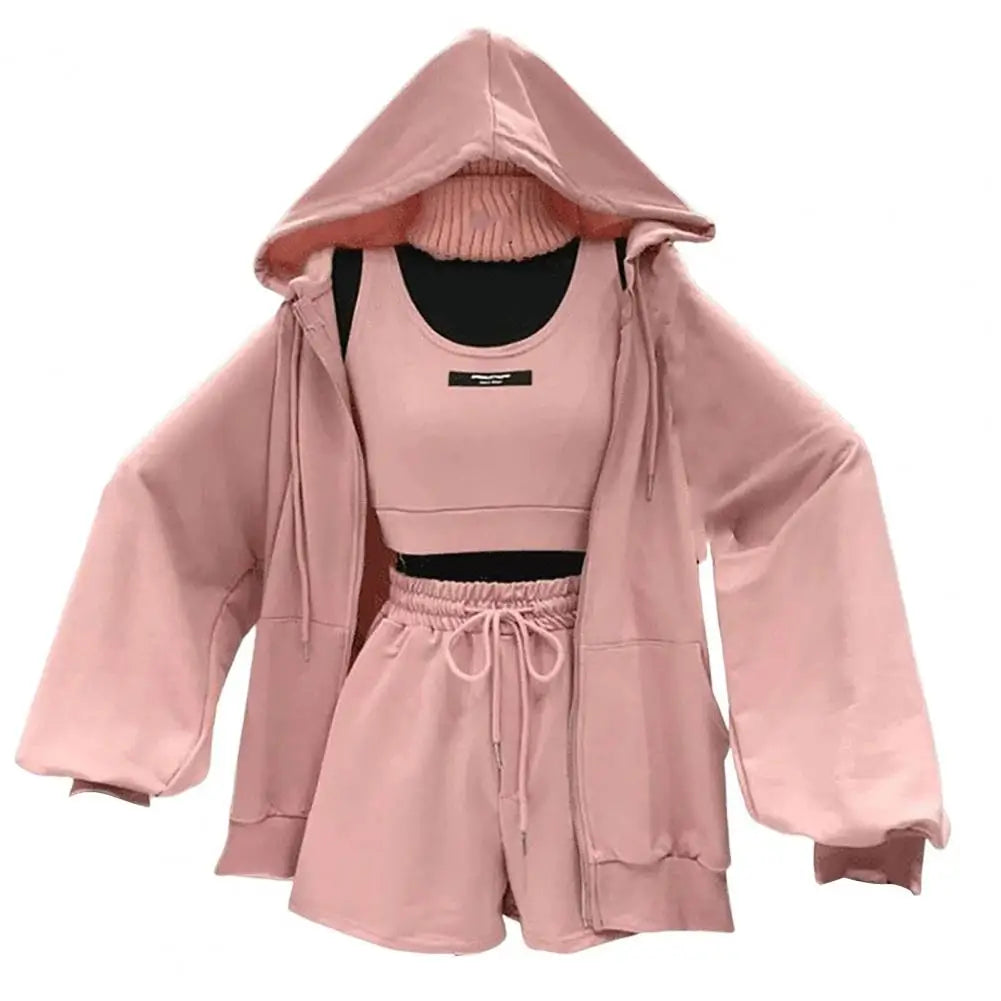 Women Coat Super Soft Sports Jacket Polyester Keep Warm  Simple Three Pieces Drawstring Shorts Vest Thin Coat Set Good Vibrations