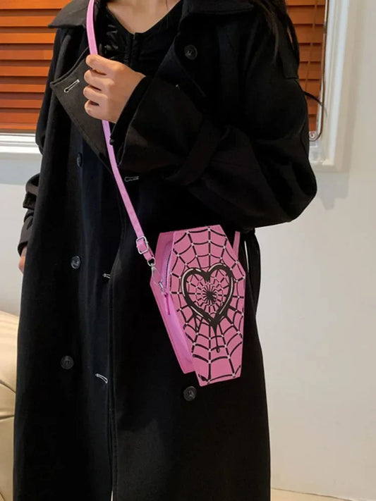 Pink coffin-shaped women fashion shoulder bag with black spider web and heart design, adjustable strap, casual PU leather satchel.