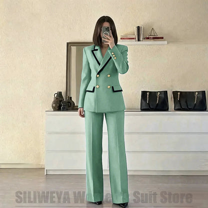 Women's Red Suit Two Piece Set Double Breasted Blazer with Black Trim and Pants Elegant Formal Fashion Daily Casual Party Tuxedo Good Vibrations