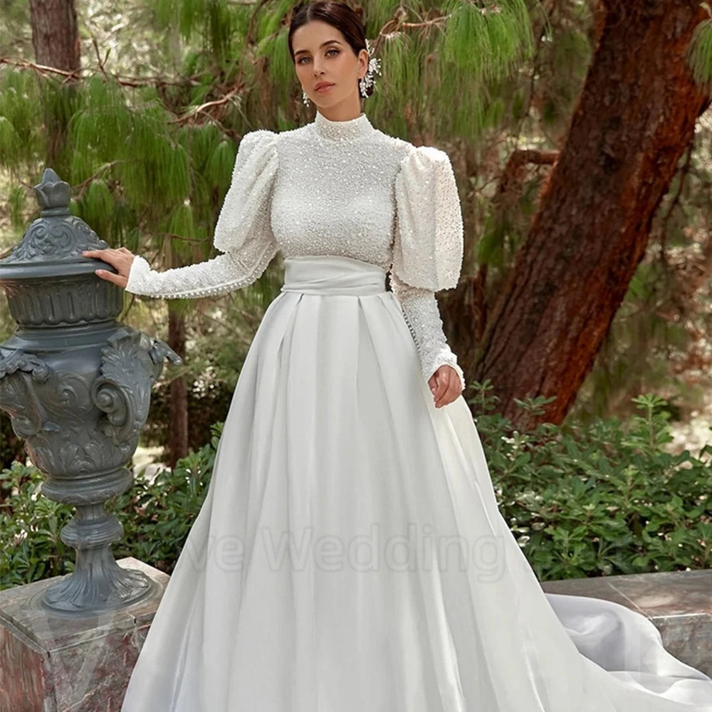 Exquisite High Neck Sequin Wedding Dress Puff Long Sleeves A-Line Floor Length with Belt Customized Sweep Train Bride Gowns Robe Good Vibrations
