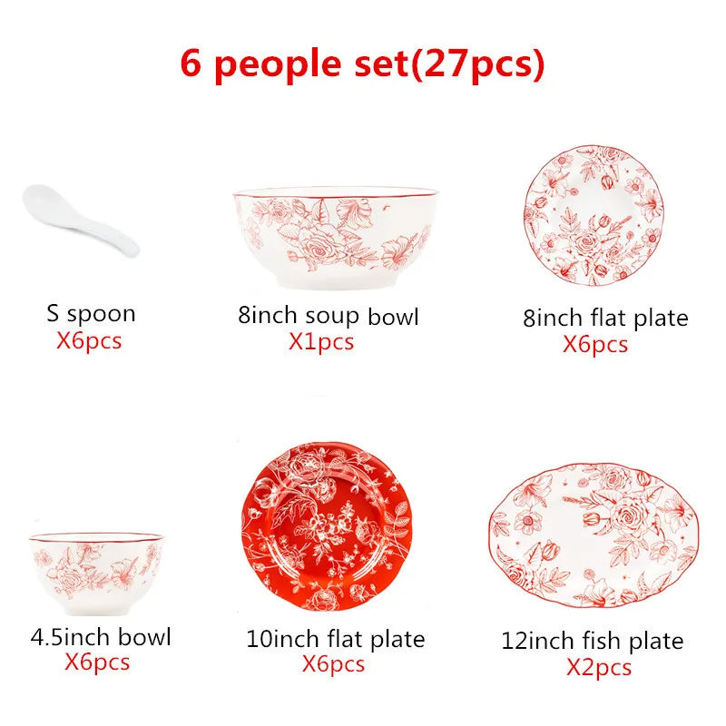 1Set New Luxury Red Rose Ceramic Tableware Household Bowl Spoon Plate Dinner Dinsh Kitchen Cutlery Home Decor Good Vibrations