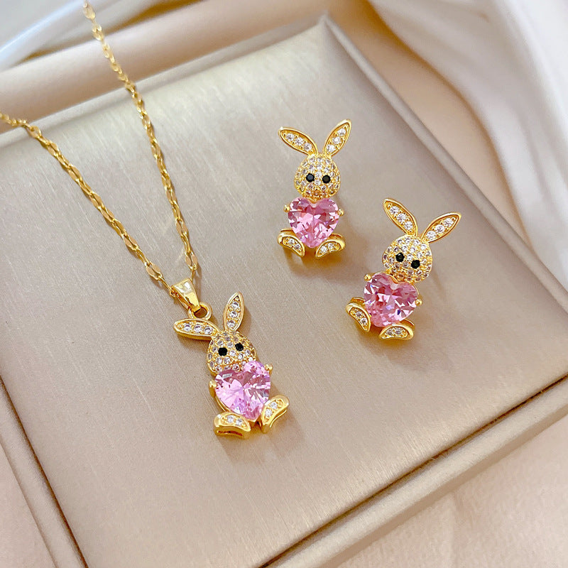 Stainless Steel Jewelry Sets for Woman Girls Shining Austrian Crystal Cute Rabbit Pendant Necklace Huggie Earrings Birthday Gift Good Vibrations Adult Super Store