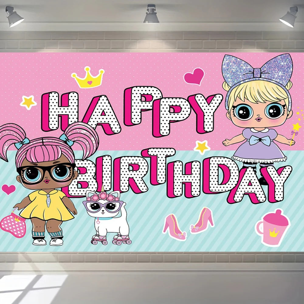 Girl Surprise Theme Backdrop Cute Shiny Doll Birthday Party Decoration Pink Latex Balloon Disposable Tableware Plate Cake Topper Good Vibrations