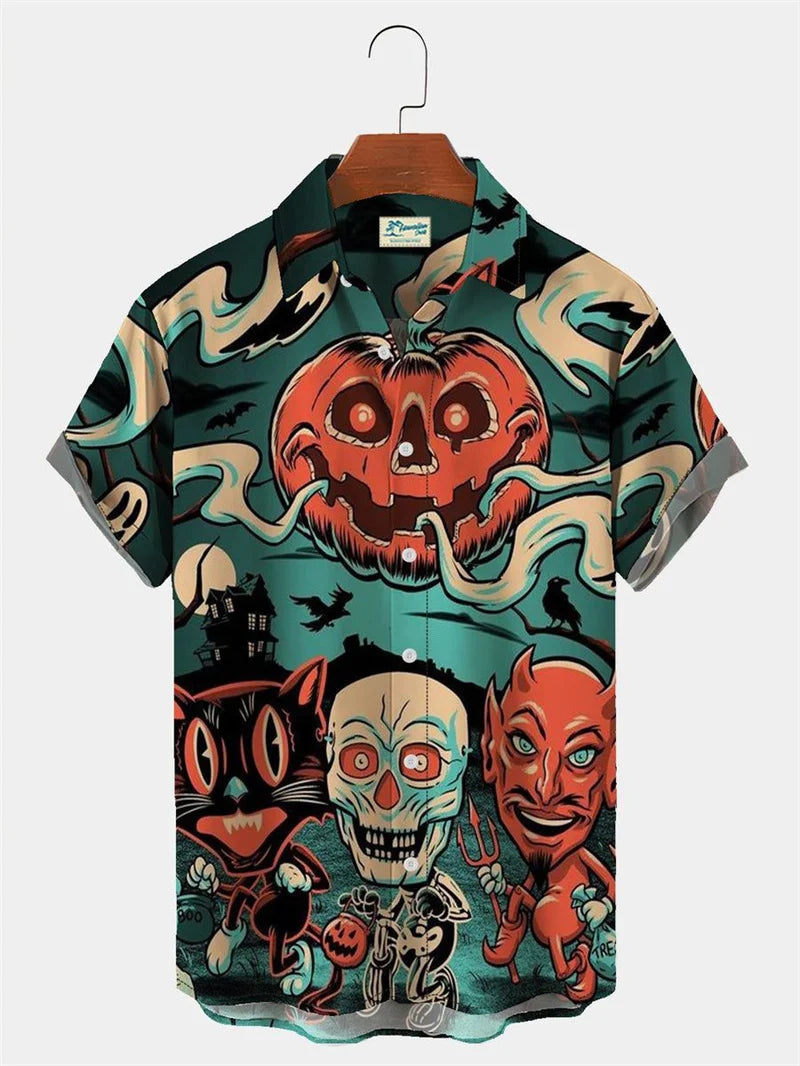 Men's Fashion Halloween Shirt Summer Cute Style Men's Clothing Party Holiday Men Top Pumpkin Head Print Boys' Short Sleeve Shirt Good Vibrations