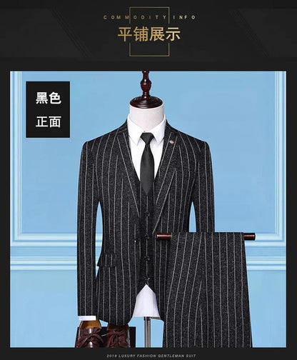 2025 Suit (suit + Vest + Trousers) Single Button Fashion Business Vertical Stripe Gentleman Suit Korean Suit Three-piece Suit Good Vibrations