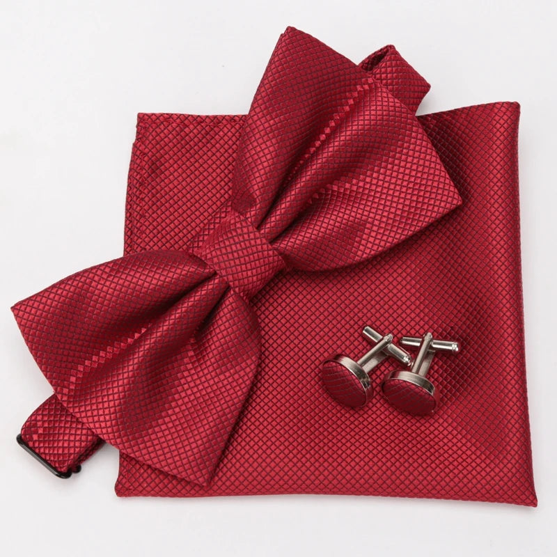 Men Bowtie Set 3pcs Plaids Classic Fashion Wedding Party Formal Cufflinks Bow Tie Handkerchief Cuff Links Lots Three Piece Set Good Vibrations