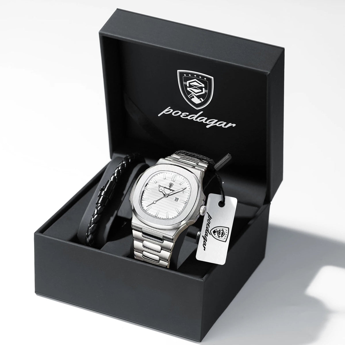 POEDAGAR Top Classic Men Wristwatch Waterproof Luminous Date Square Watch For Man Stainless Steel Sport Men's Quartz Watches+Box Good Vibrations