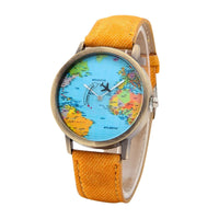 Fashion Global World Map Plane Denim Fabric Band Watch Casual Men Women Wristwatches Quartz Watch Gift Horloges Relógio Good Vibrations