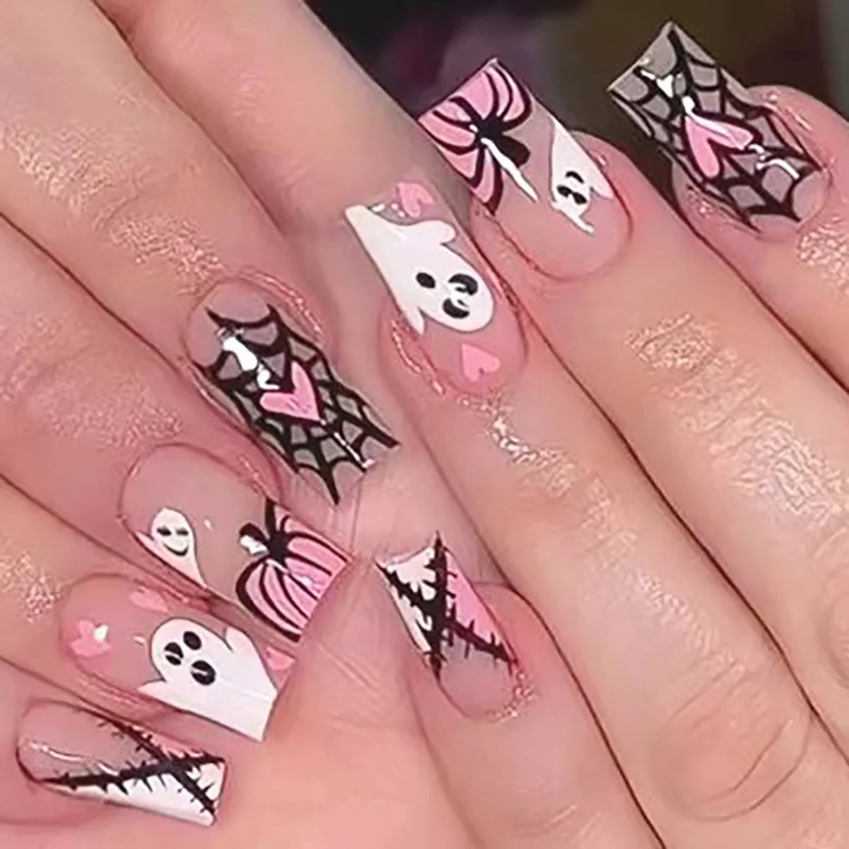 24pcs Gradient Pink French Style Press On Nails Cute Bandage Ghost Pumpkin Printed Halloween Fake Nails Medium Coffin False Nail Good Vibrations