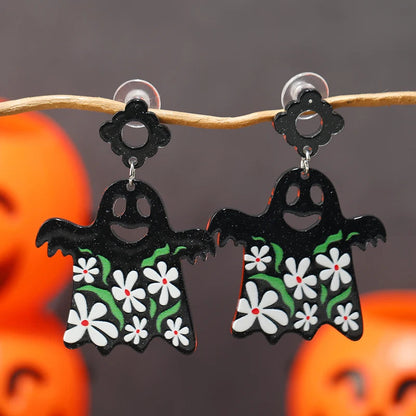 8 pairs of Halloween flame demons, cute little ghosts, acrylic earrings, skull heads, alien spaceships, pumpkin ghosts Good Vibrations